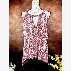 Free People Good Morning Embellished Tunic Top Printed Cold Shoulder M